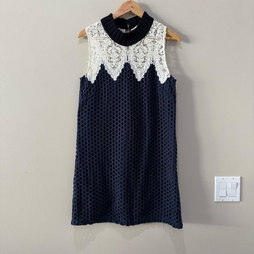 SEA New York Navy Blue Ivory Lace Mesh Crochet Chunky Knit Shift Dress